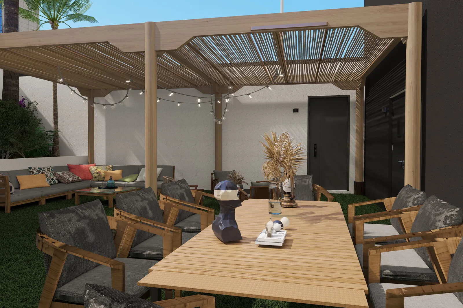 Outdoor pergola with dining table, soft sofas and string lights