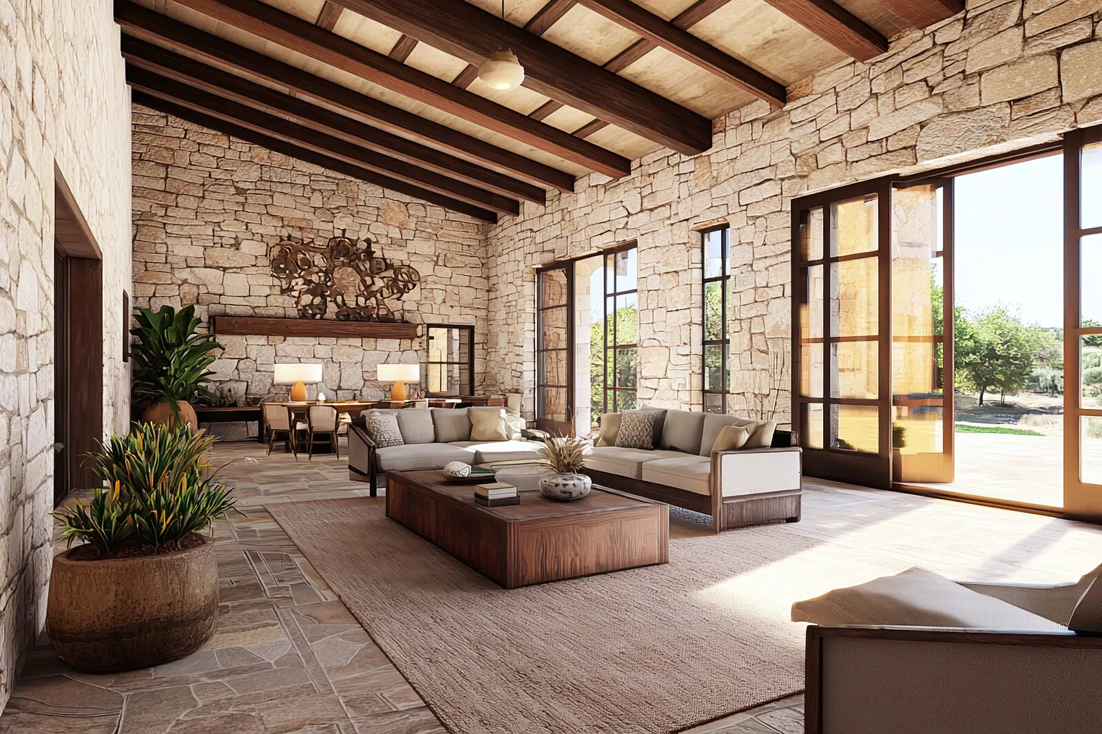 Common living room with exposed stone walls, wooden beams and large countryside windows